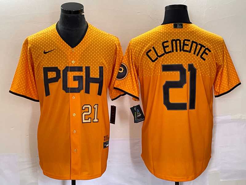 Men%27s Pittsburgh Pirates #21 Roberto Clemente Number Gold 2023 City Connect Stitched Jersey2